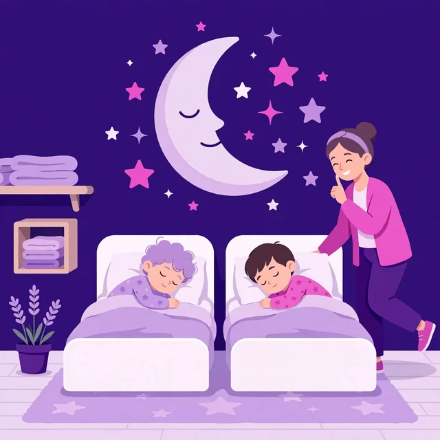 Children napping peacefully in a calm daycare nap room with a moon-and-stars wall, Rank Rays-style illustration