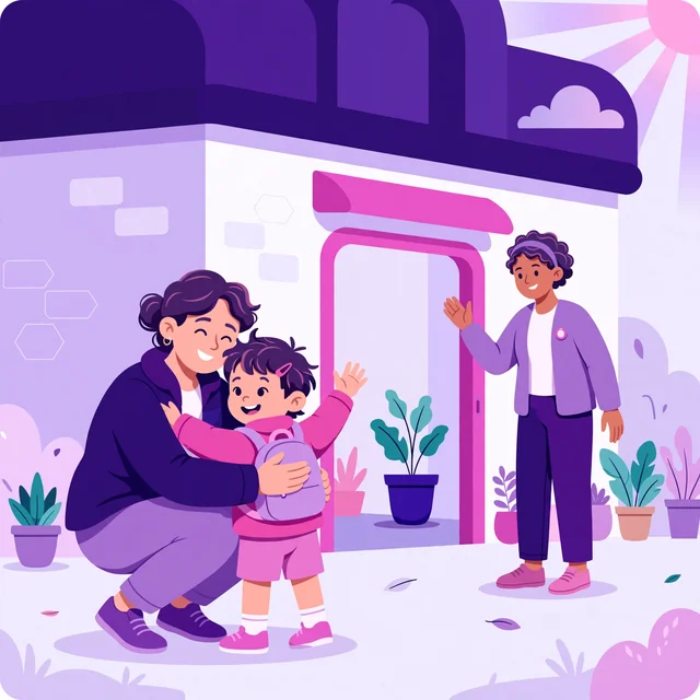Parent hugging a happy child at a sunny daycare entrance as a caregiver waves welcome, heartwarming Rank Rays illustration