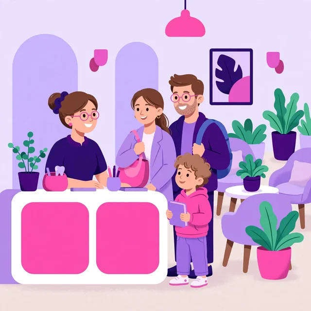 Dental receptionist greeting a family at the front desk — friendly first impressions, by Rank Rays.