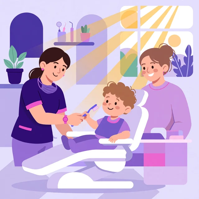 Hygienist handing a toothbrush to a smiling child after a checkup — gentle dental visits, by Rank Rays.