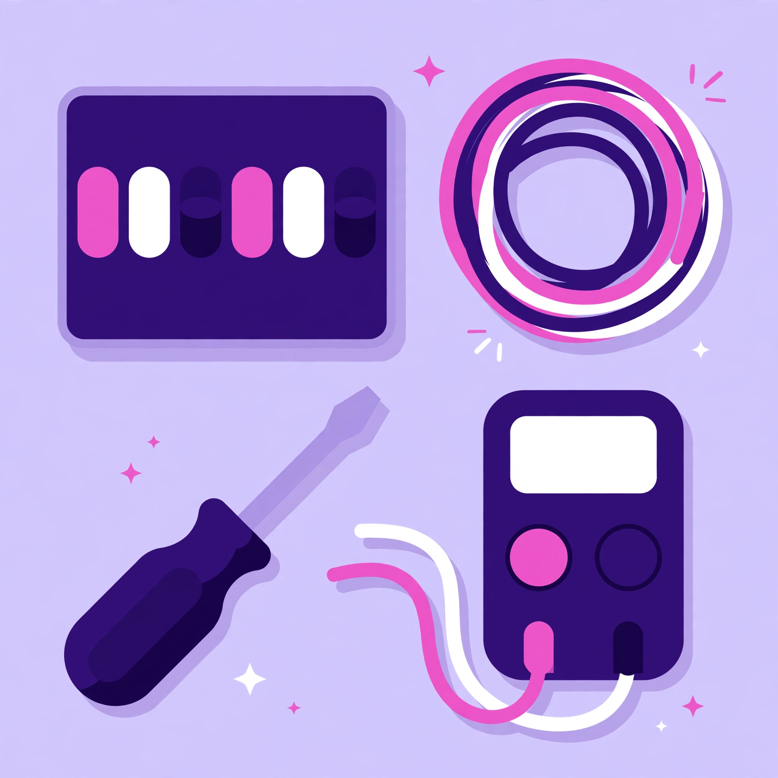 Electrician tools flat-lay with a circuit breaker panel, coiled wires, multimeter and screwdriver, flat-vector illustration for Rank Rays electrician SEO
