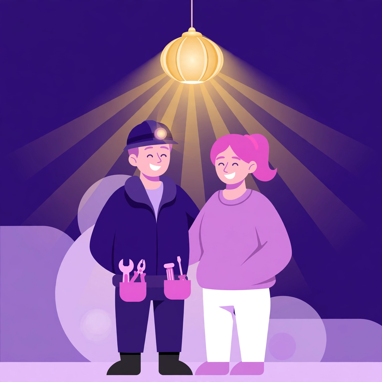 Smiling electrician and homeowner standing beneath a warmly glowing ceiling light fixture, flat-vector illustration for Rank Rays electrician SEO