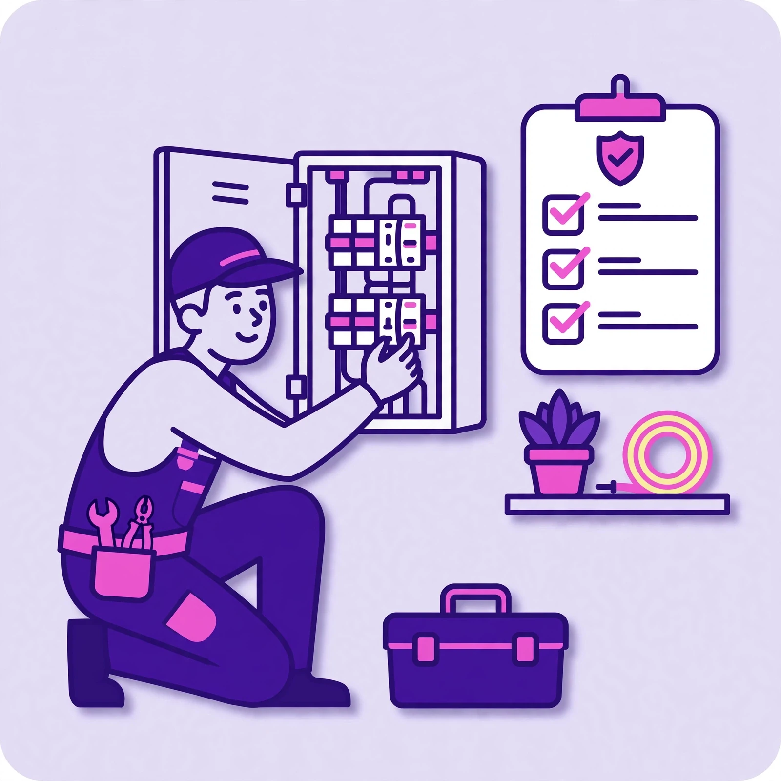 Flat-vector illustration for the 'Why electrical businesses choose Rank Rays' section: light bulb, electrical panel, and outlet elements, in purple and pink