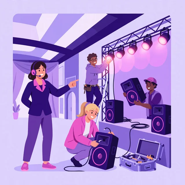 Event planner directing her crew setting up stage lights and speakers — flawless event production, by Rank Rays.