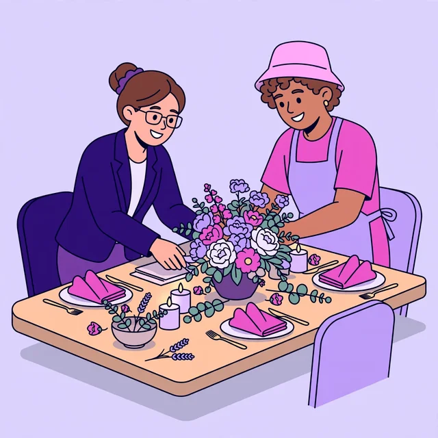 Planner and assistant styling an elegant banquet table with a floral centerpiece — every detail perfect, by Rank Rays.