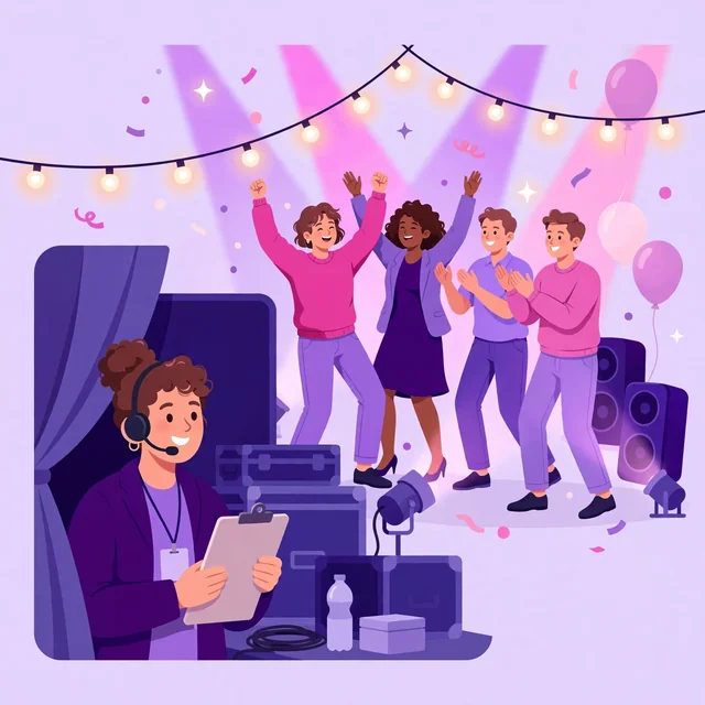 Guests dancing at a glowing event while the planner checks her clipboard backstage — unforgettable events, by Rank Rays.