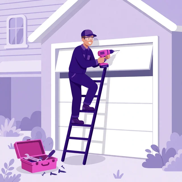 Technician on a ladder installing a modern garage door with a drill, flat-vector illustration in Rank Rays colors