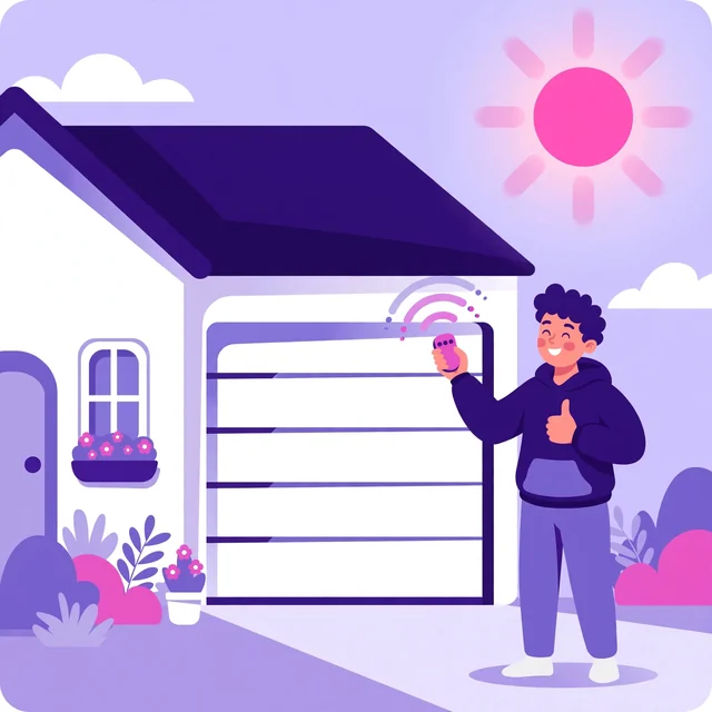 Happy homeowner holding a remote and admiring a new sleek garage door, Rank Rays purple and pink illustration