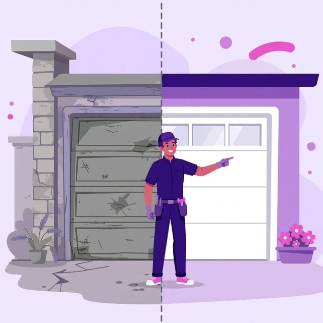 Before-and-after split of an old worn garage door and a new modern door with a technician presenting it, Rank Rays-style illustration
