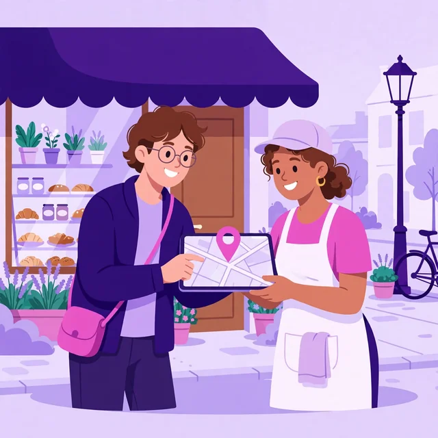 SEO consultant showing a shop owner their Google Business location on a tablet — stronger local visibility, by Rank Rays.