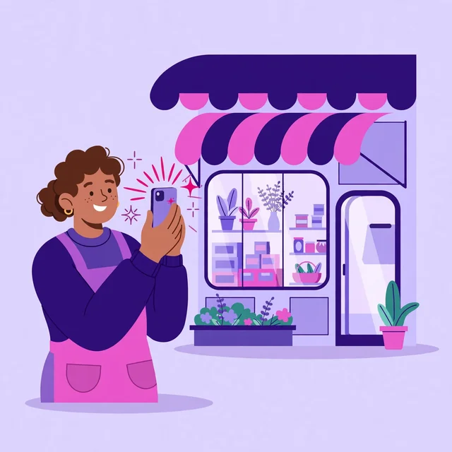 Shop owner photographing her own storefront for her business profile — great listings start with great photos, by Rank Rays.