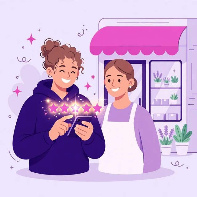 Happy customer tapping glowing five stars next to a shop owner — reviews that build trust, by Rank Rays.