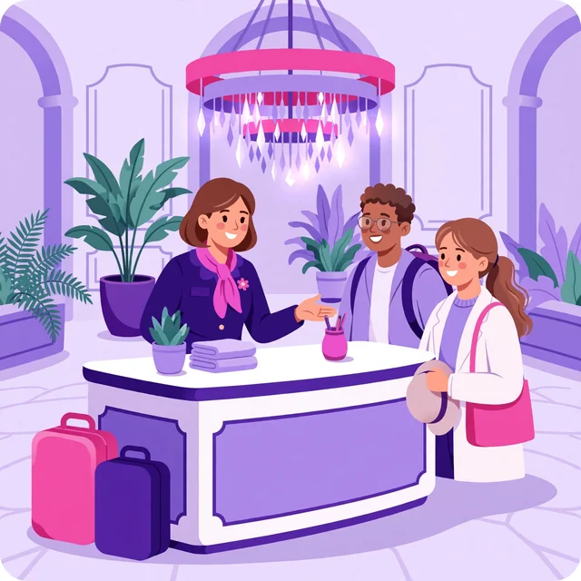 Concierge warmly welcoming guests at a grand hotel lobby desk — hospitality that feels like home, by Rank Rays.