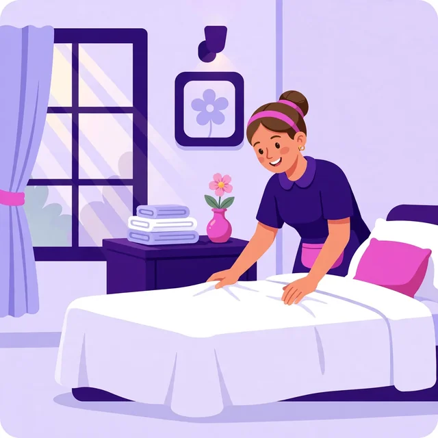 Housekeeper smoothing a crisp bedspread in a sunlit hotel room — spotless rooms guests love, by Rank Rays.