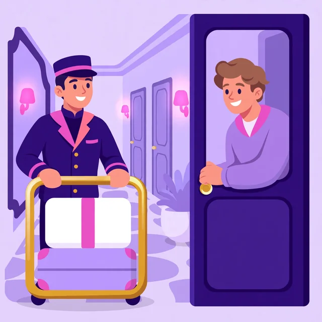 Bellhop delivering luggage on a brass cart as a guest opens the door — five-star hotel service, by Rank Rays.