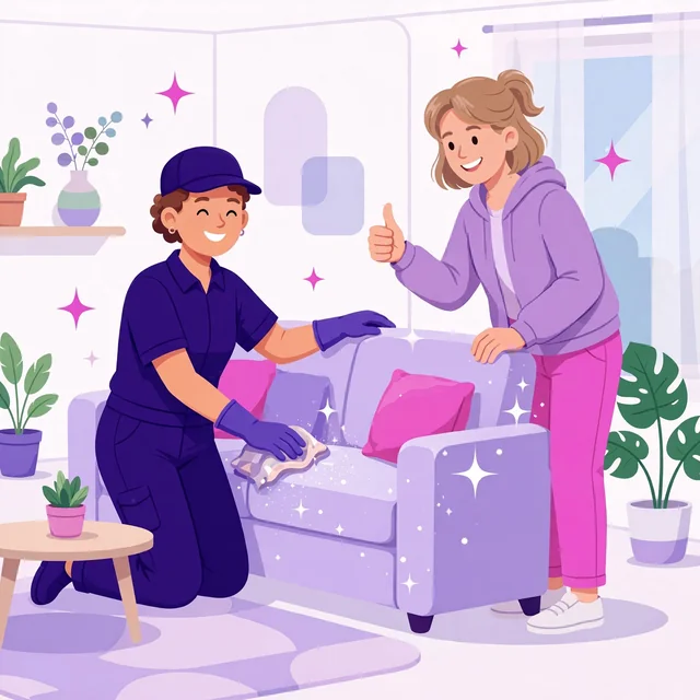 Smiling house cleaner polishing a living room while a happy homeowner gives a thumbs up, Rank Rays purple and pink illustration