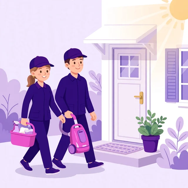Cleaning team in purple uniforms arriving at a house door with supply caddy and vacuum, Rank Rays brand illustration