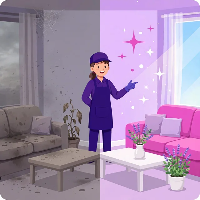 Before-and-after room transformation presented by a smiling cleaner, bright and dusty halves in Rank Rays colors