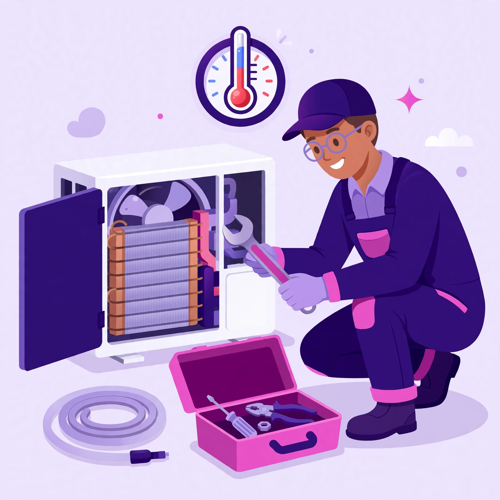 Smiling HVAC technician servicing an outdoor air conditioner unit with tools and a thermometer gauge, flat-vector illustration for Rank Rays HVAC SEO