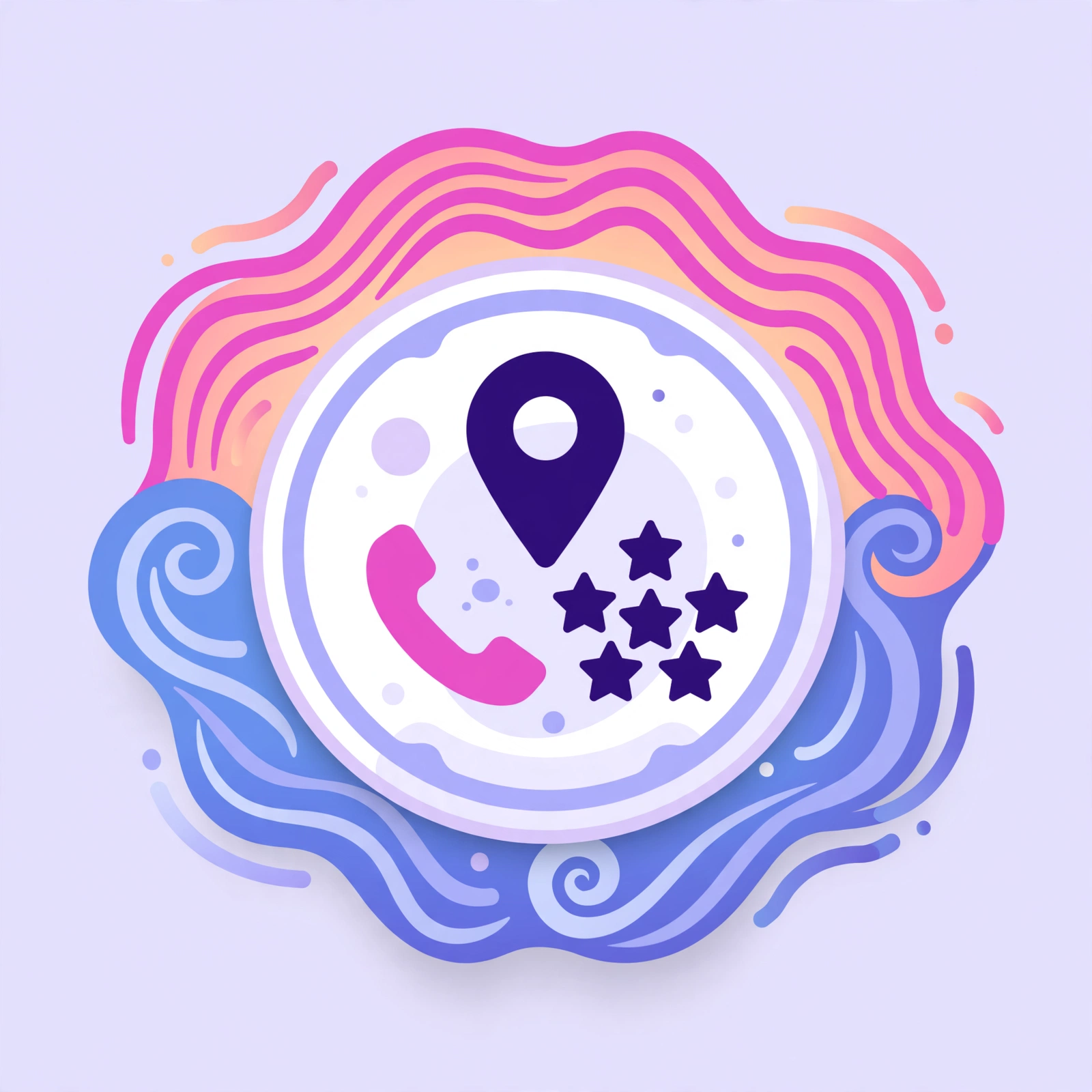 Trust badge illustration for HVAC SEO showing a map pin, phone handset and five stars framed by heating and cooling waves, by Rank Rays