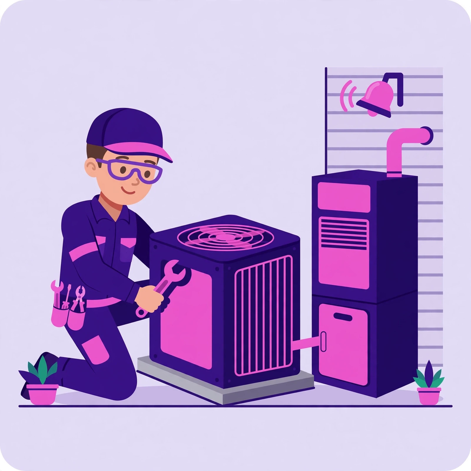 Flat-vector illustration for the 'Why HVAC businesses choose Rank Rays' section: air conditioner, furnace, and technician elements, in purple and pink