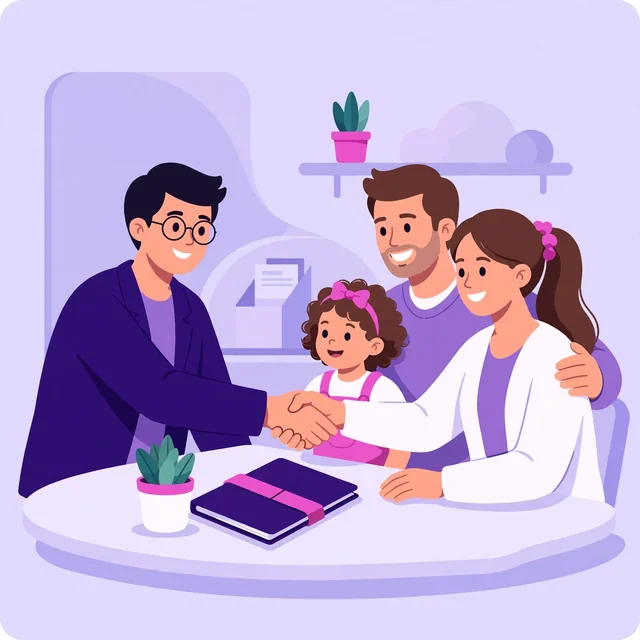 Insurance agent shaking hands with a family across the desk — coverage you can trust, by Rank Rays.