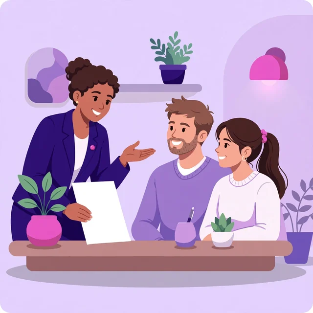 Agent walking a young couple through a blank policy document — insurance explained clearly, by Rank Rays.