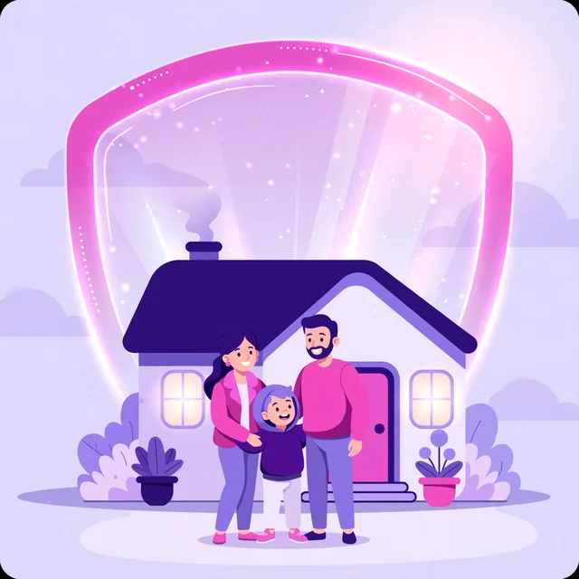 Family standing under a glowing shield of protection in front of their home — peace of mind, by Rank Rays.