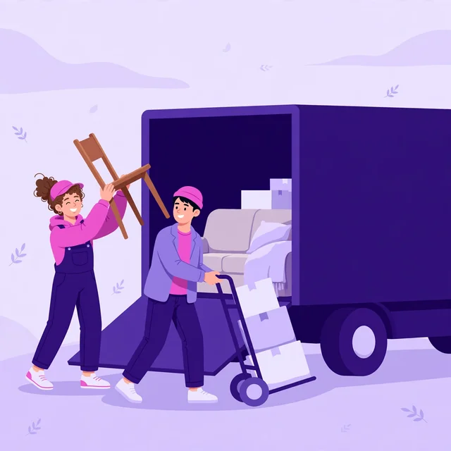 Junk removal crew loading old furniture into a plain purple truck — easy hauling, no hassle, by Rank Rays.