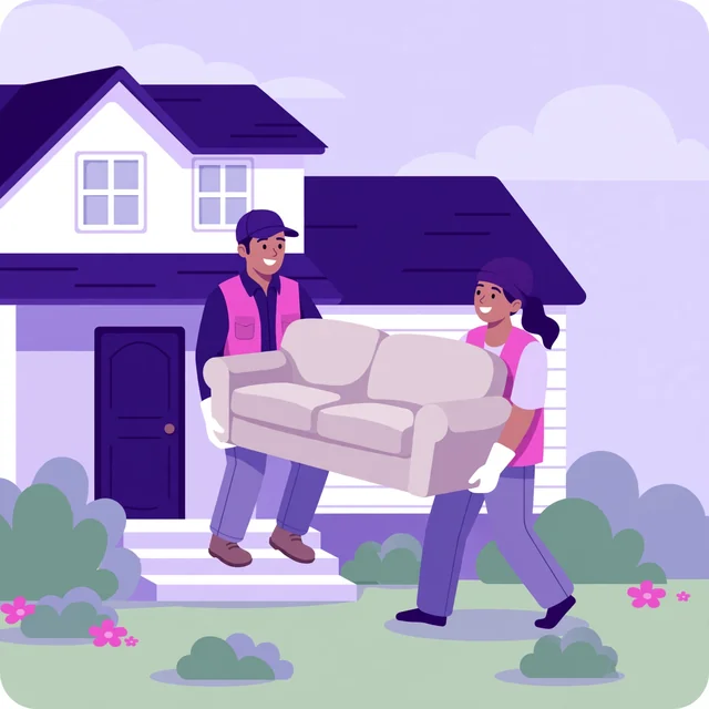 Two crew members carrying an old sofa down the front steps — friendly junk removal teamwork, by Rank Rays.