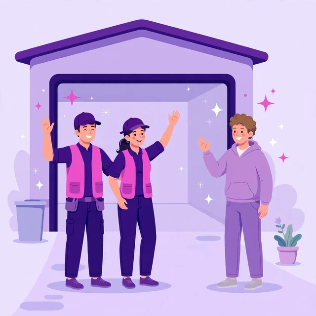 Crew waving goodbye to a happy homeowner beside a sparkling clean garage — the job done right, by Rank Rays.