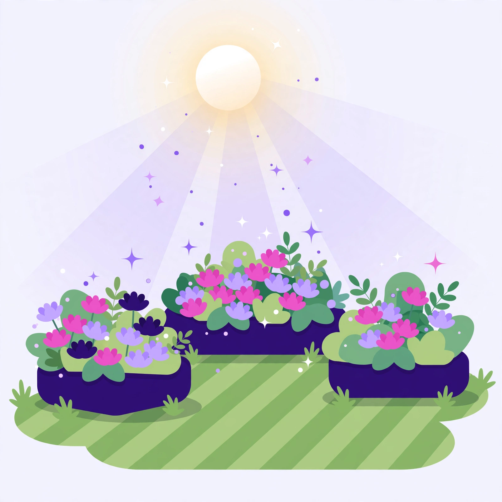Blooming garden beds with fresh mow stripes and sparkle accents in sunlight, flat-vector illustration for Rank Rays landscaping SEO