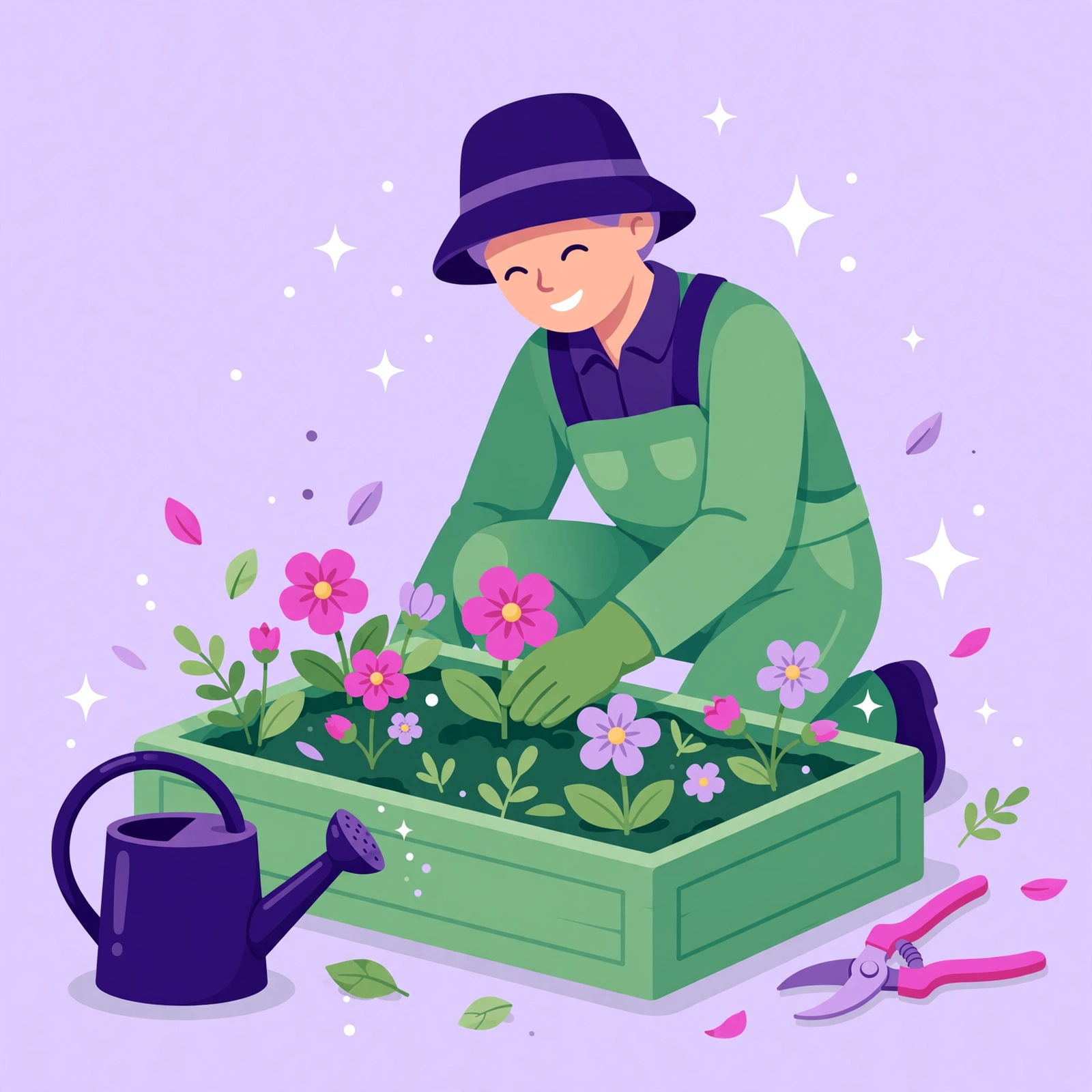 Smiling gardener planting flowers with a watering can and pruning shears nearby, flat-vector illustration for Rank Rays landscaping SEO