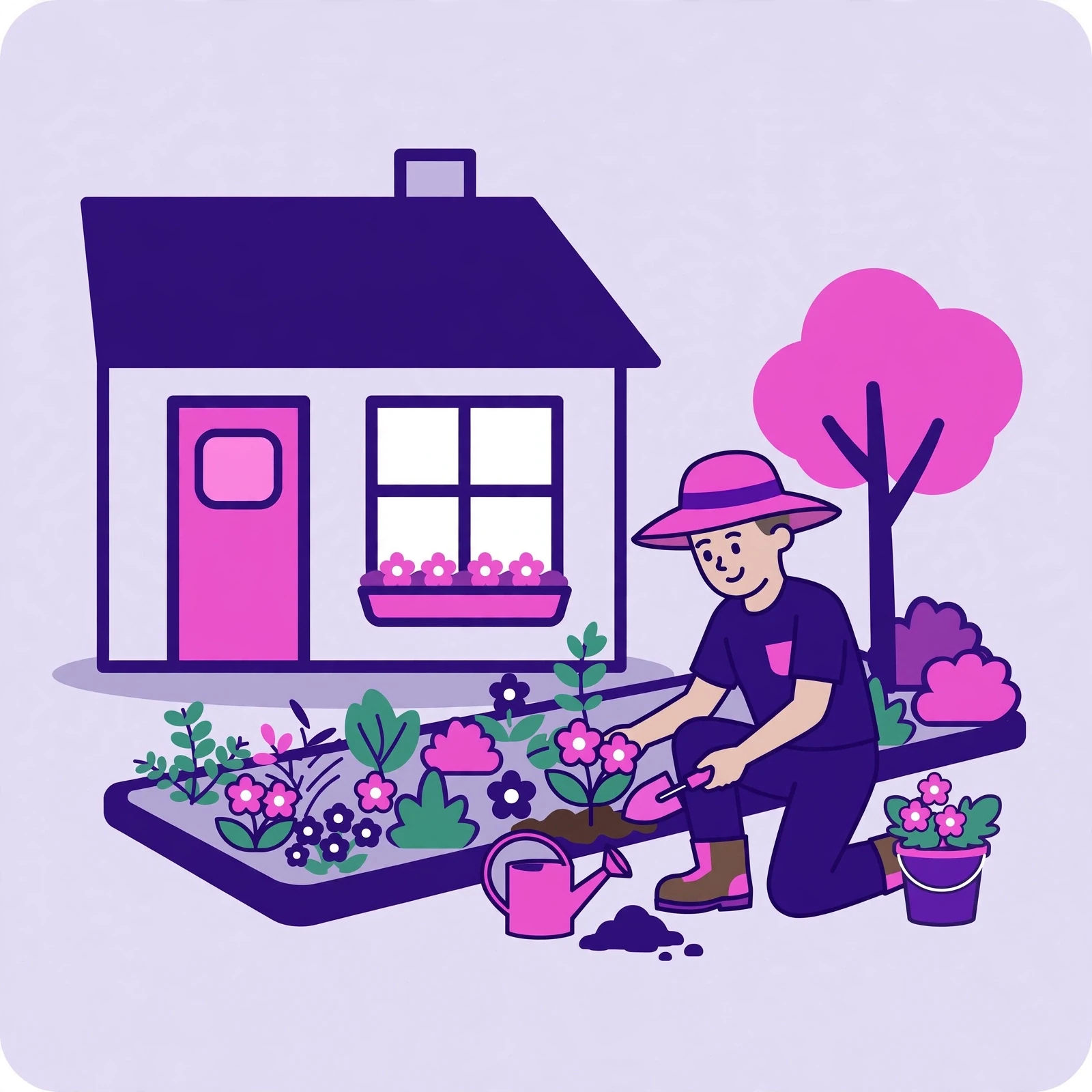 Flat-vector illustration for the "Why landscapers choose Rank Rays" section: crisp lawn stripes and a finished patio, in purple and pink