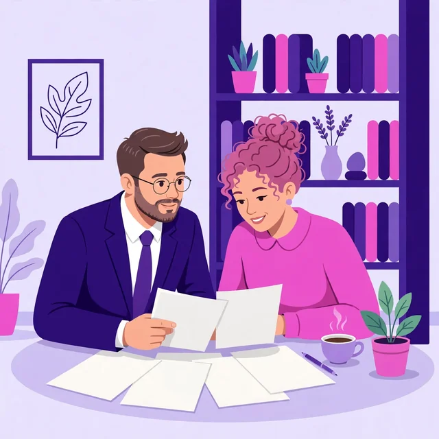 Two attorneys reviewing case documents together by the bookshelves — thorough legal preparation, by Rank Rays.