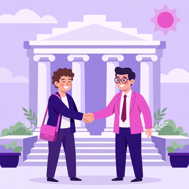 Client shaking hands with their attorney on the courthouse steps — a victorious outcome, by Rank Rays.