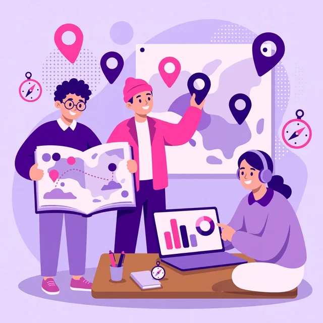Rank Rays local SEO team executing a local search playbook with map pins, compasses, and an abstract map.