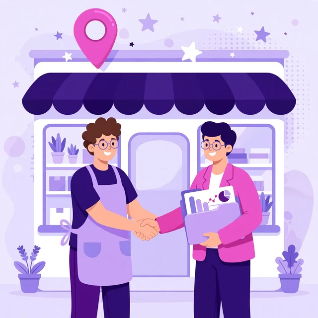 Rank Rays marketer shaking hands with a happy local shop owner in front of a storefront.
