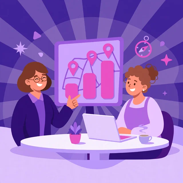 Rank Rays marketer presenting local growth charts and map pins to a shop owner over coffee.