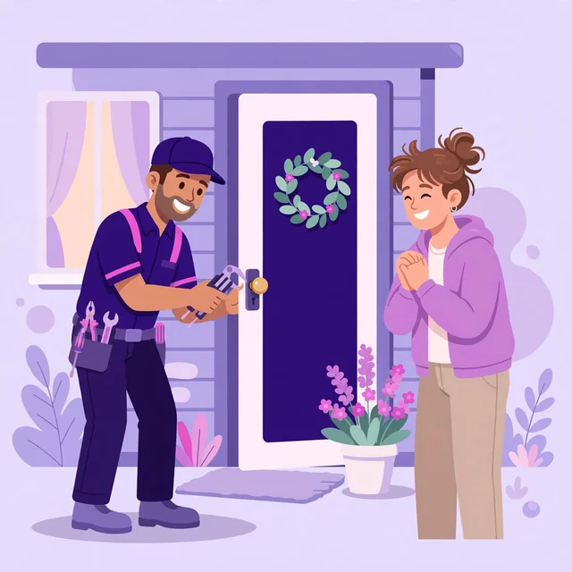 Locksmith unlocking a front door for a relieved homeowner — fast lockout help, by Rank Rays.