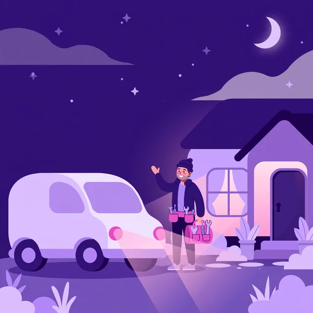 Locksmith arriving in a service van at night — emergency locksmith on call, by Rank Rays.