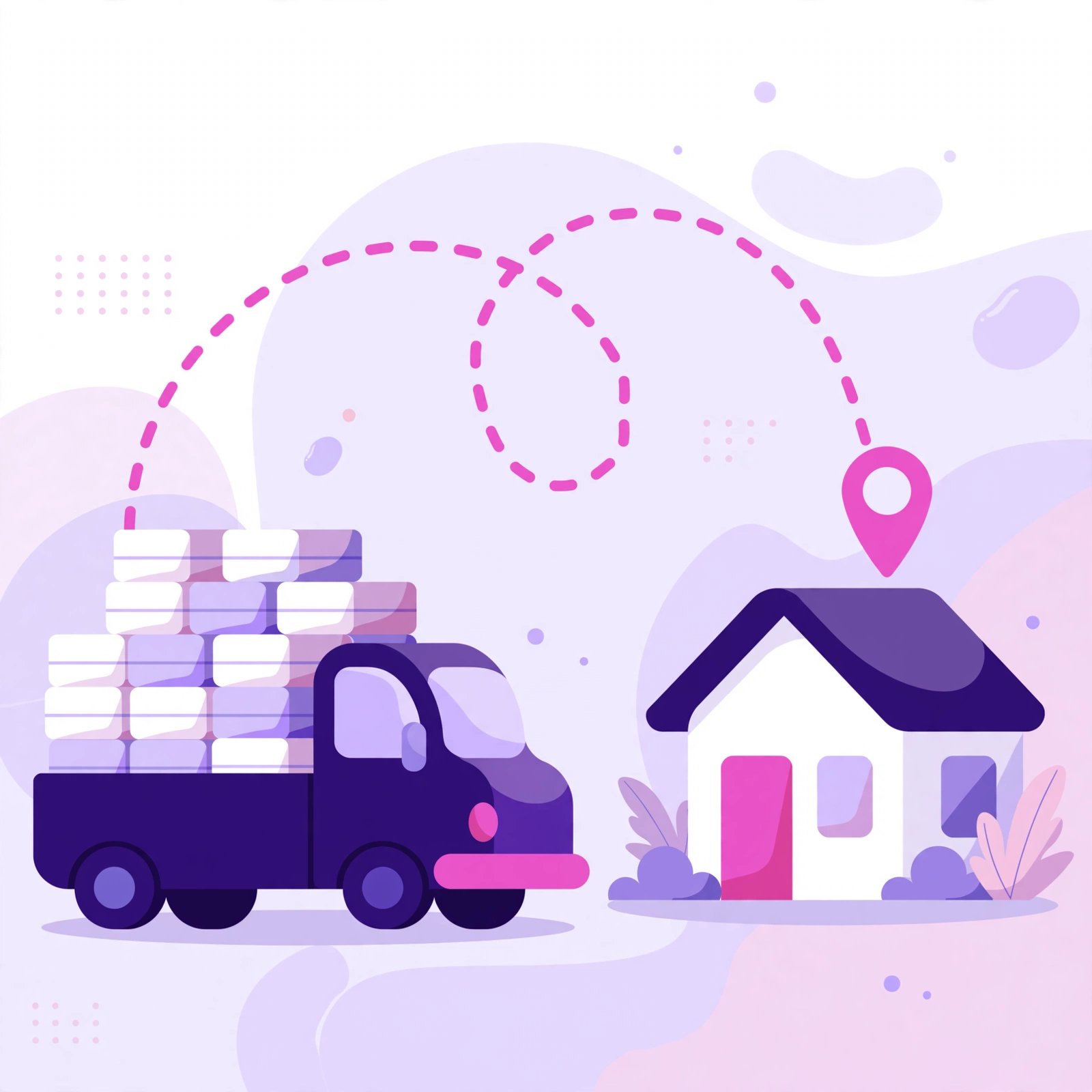 Deep purple moving truck loaded with packed boxes and a pink dashed route line looping to a map pin above a new home, flat-vector illustration for Rank Rays moving company SEO