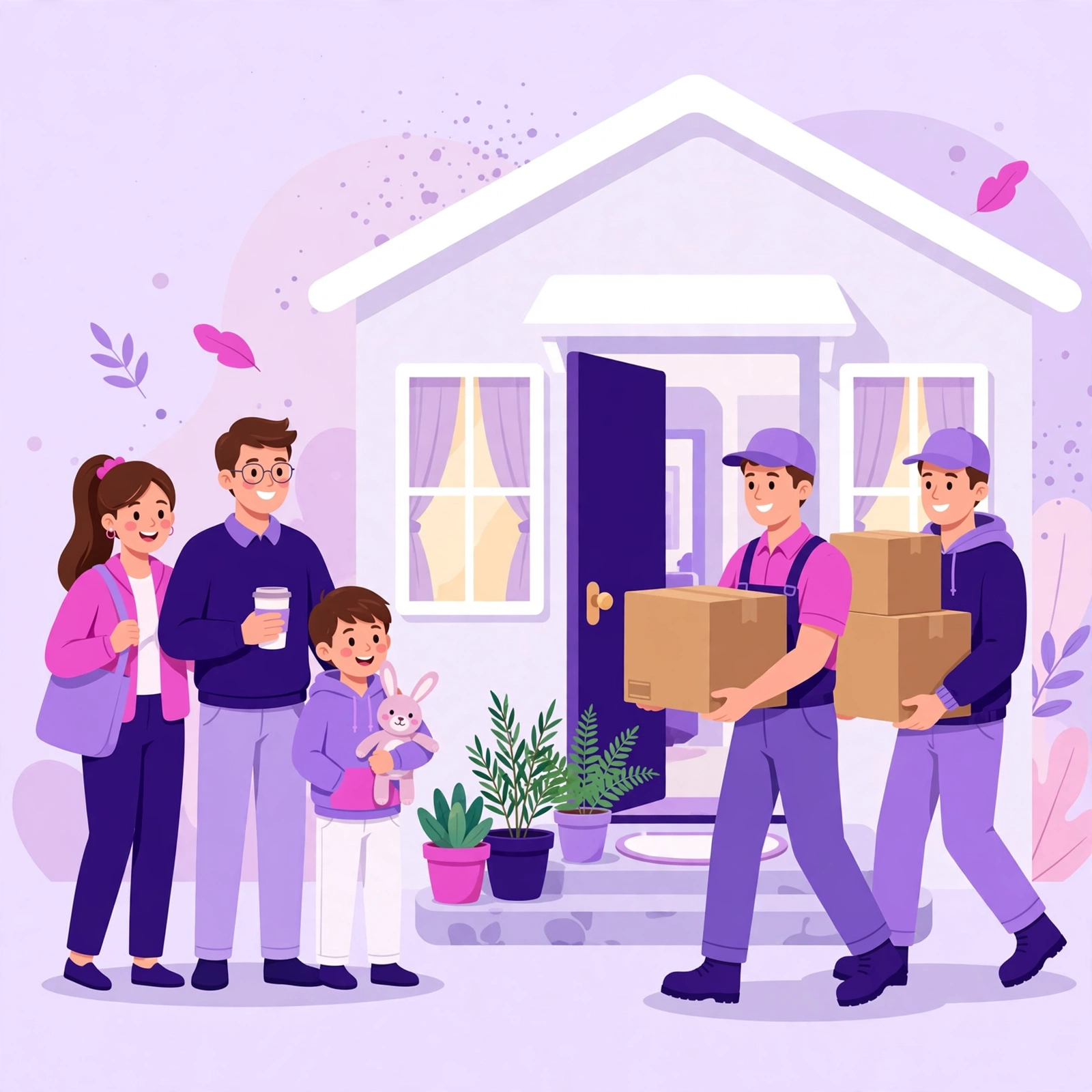 Smiling family with friendly movers carrying boxes into their new home, flat-vector illustration for Rank Rays moving company SEO