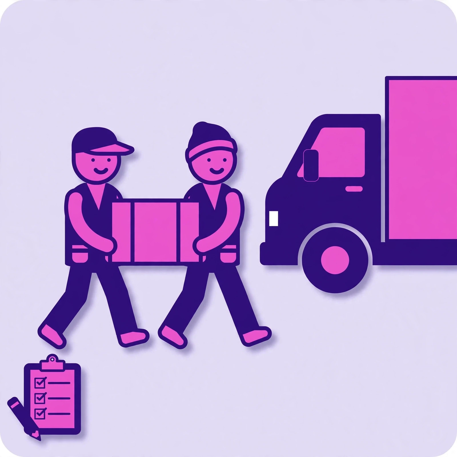 Flat-vector illustration for the "Why moving companies choose Rank Rays" section: a moving truck and uniformed crew, in purple and pink