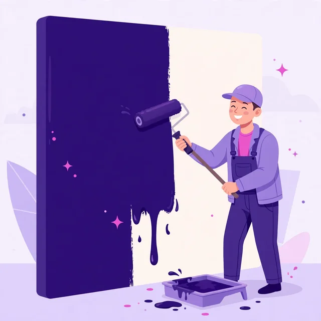 Smiling painting contractor rolling fresh paint onto a wall, half the wall transformed and half still unpainted, flat-vector illustration for Rank Rays painting contractor SEO