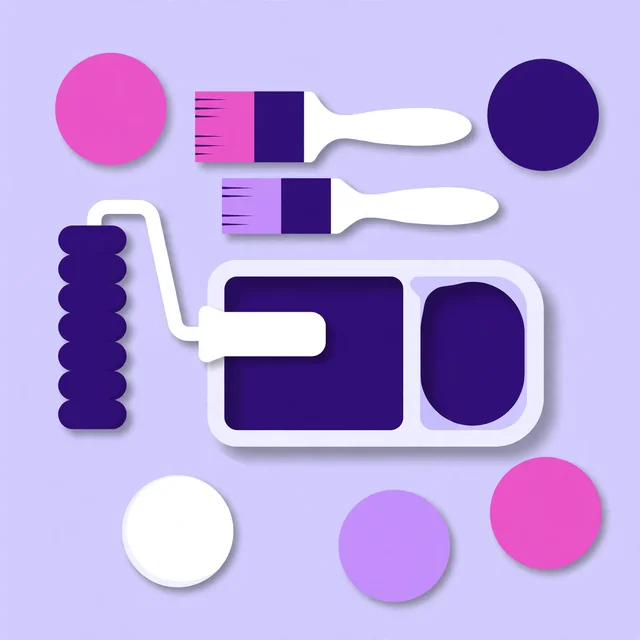 Neat flat-lay of a paint roller, paintbrushes, a paint tray and plain color-swatch shapes in purple and pink, flat-vector illustration for Rank Rays painting contractor SEO