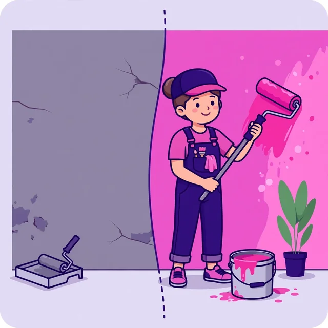 Flat-vector illustration for the 'Why painting contractors choose Rank Rays' section: a painter rolling paint on a wall, and before-and-after room photos, in purple and pink