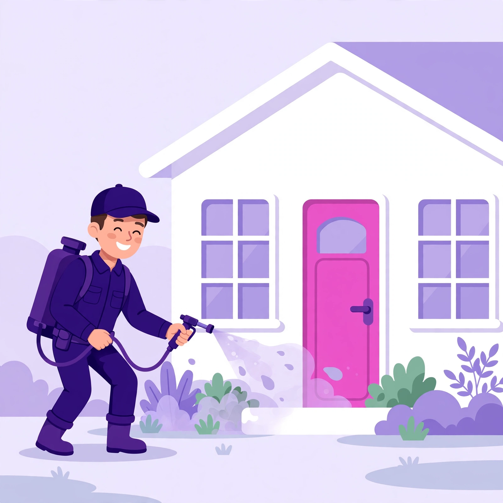 Smiling pest control technician treating a home exterior with a protective spray, illustrated in Rank Rays purple and pink