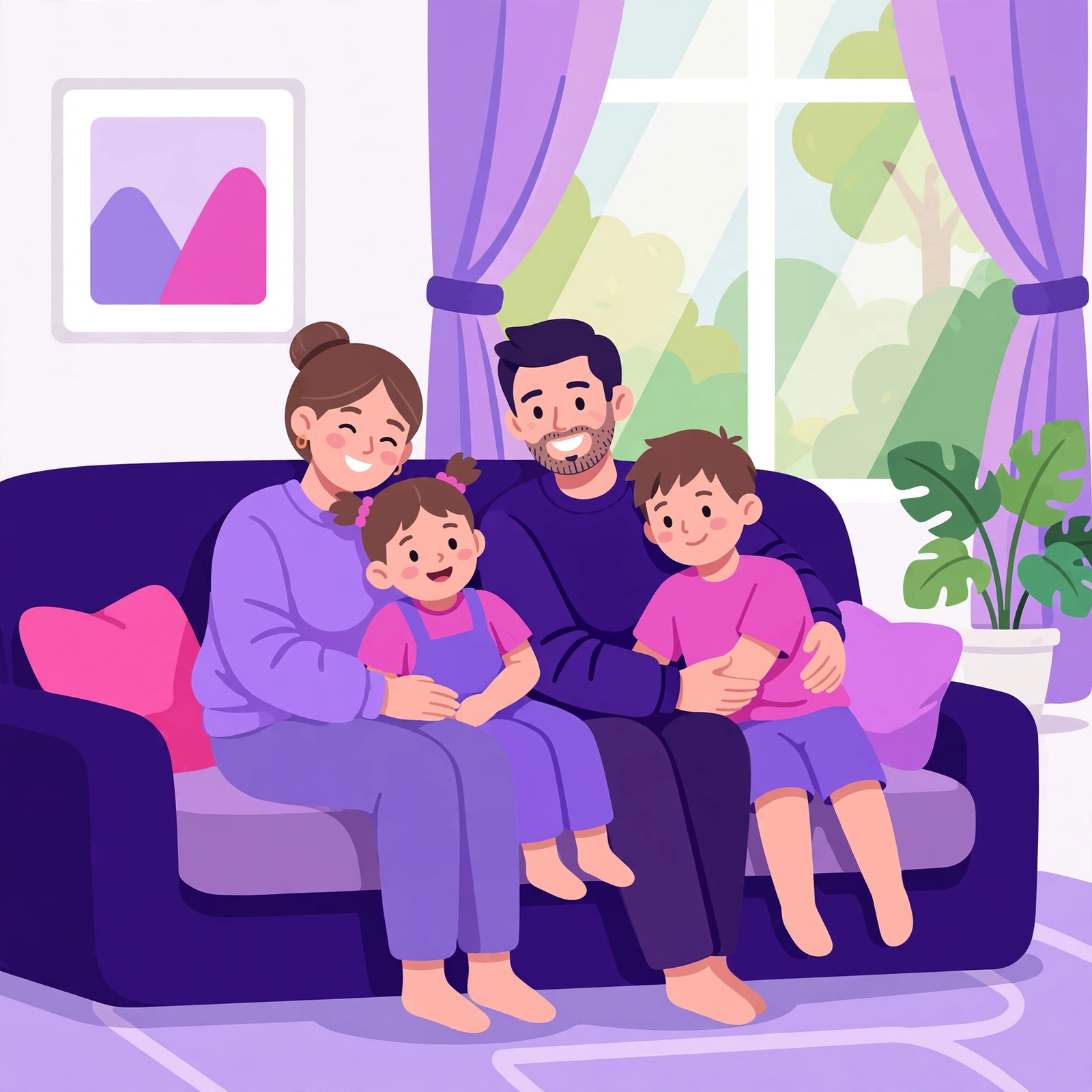 Happy family relaxing on a sofa in a bright pest-free living room, flat-vector illustration in Rank Rays brand colors