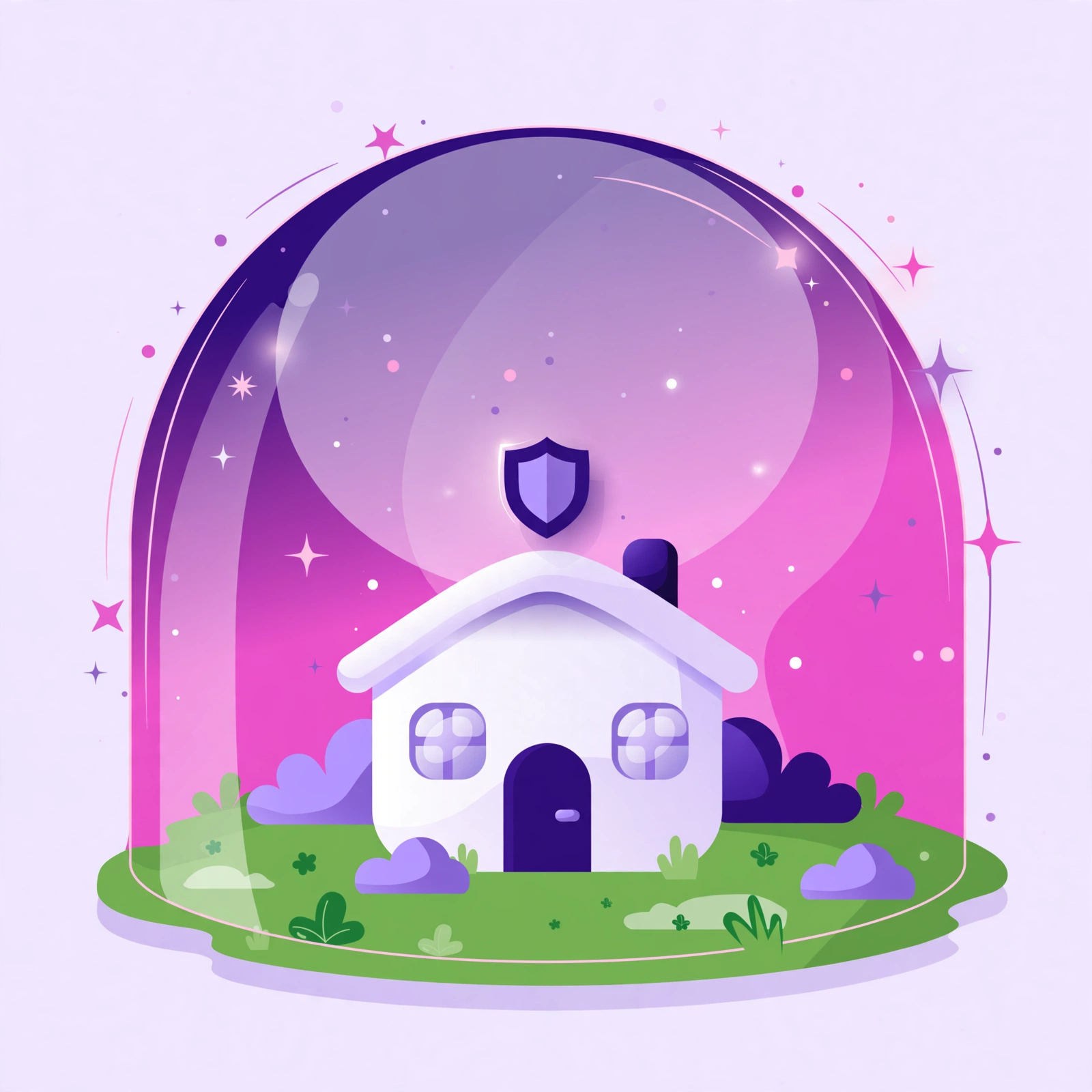 White house protected under a translucent pink-and-purple pest protection shield, Rank Rays-style illustration